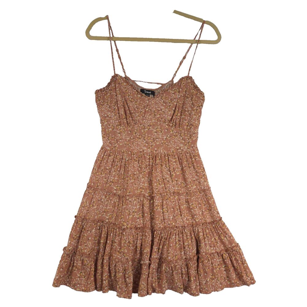 Trixi Babydoll Tired Mini dress Metallic Gold Floral L Cottage Fairy Boho